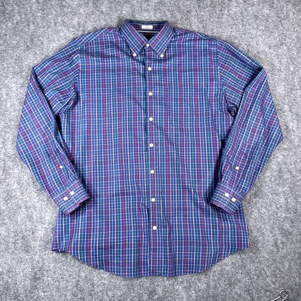 Peter‎ Millar Mens Large Blue Plaid Cotton Button Down Long Sleeve Shirt